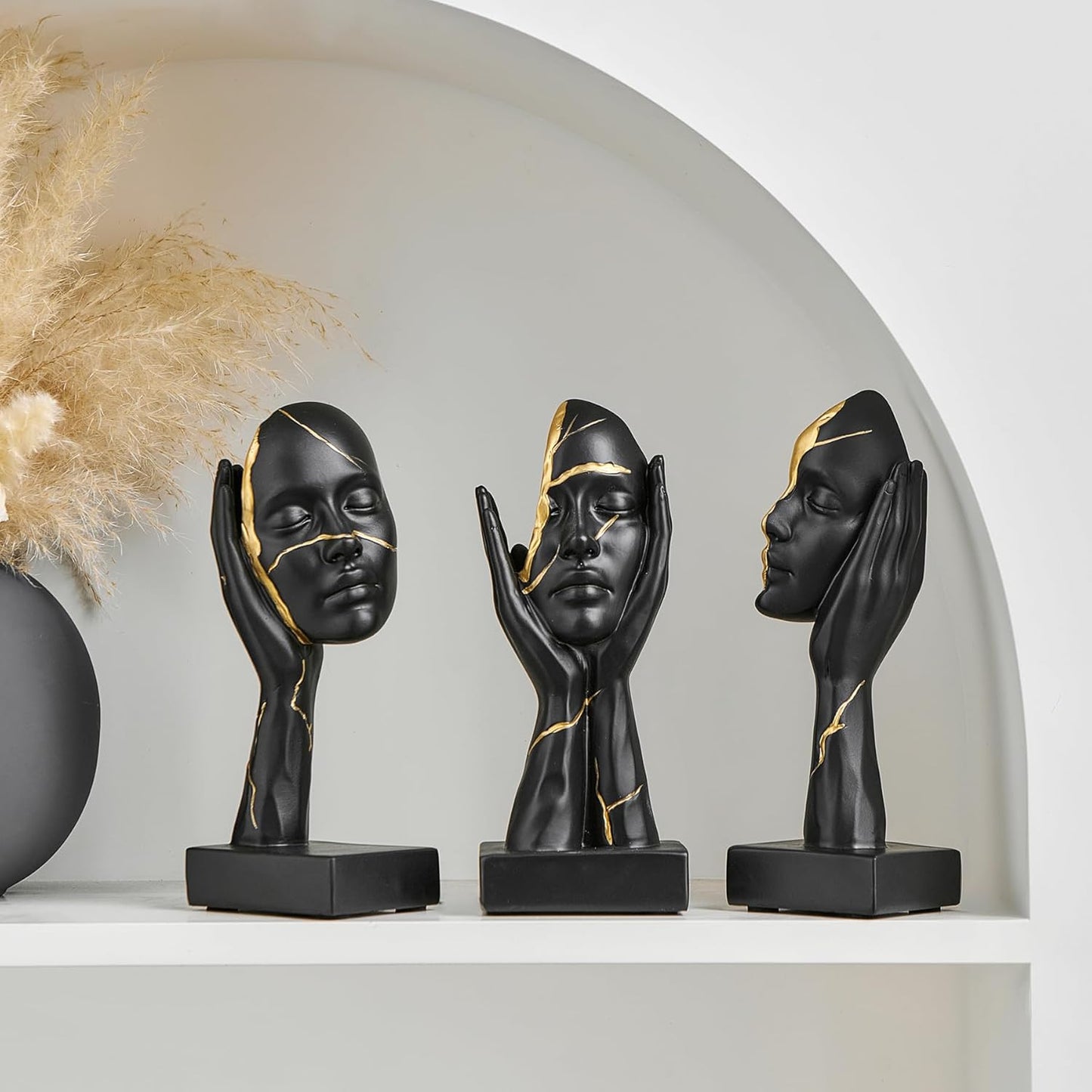 Black and Gold Decor Thinker Statues Set of 3, 7.5" H x 3.1" W Face Sculptures for Coffee Table Bookshelf Office Desk, Modern Abstract Art Sculptures Home Decor Living Room Decorations