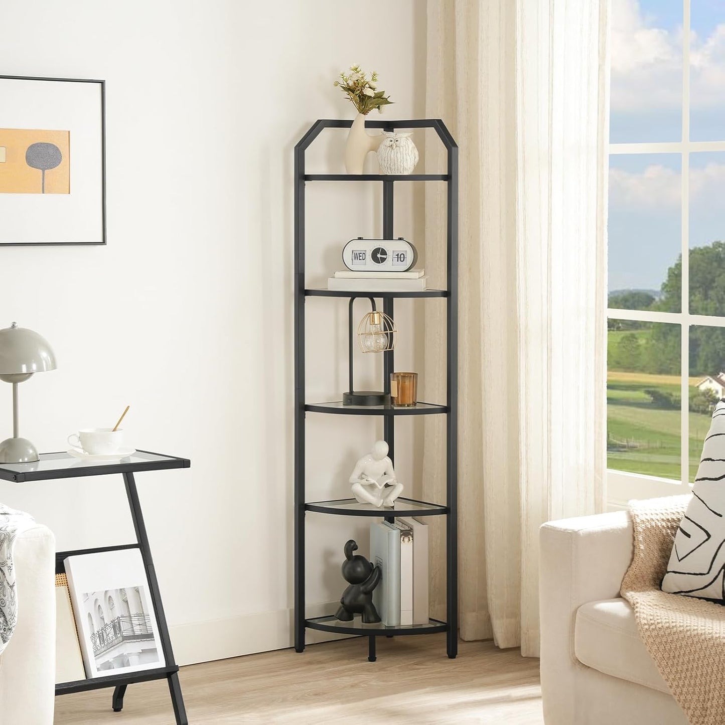 HOOBRO 5-Tier Corner Shelf Stand, Black Corner Bookshelf, Tempered Glass Shelves, Bathroom Organizer, Corner Plant Stand, for Living Room, Study, Balcony, Home Office, Modern Style, Black BK15CJ01