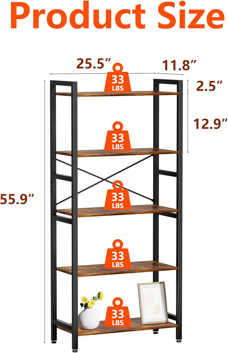 5 Tier Bookshelf,Storage Shelf with Steel Frame,Free Standing Open Book Shelves Storage Display Shelf