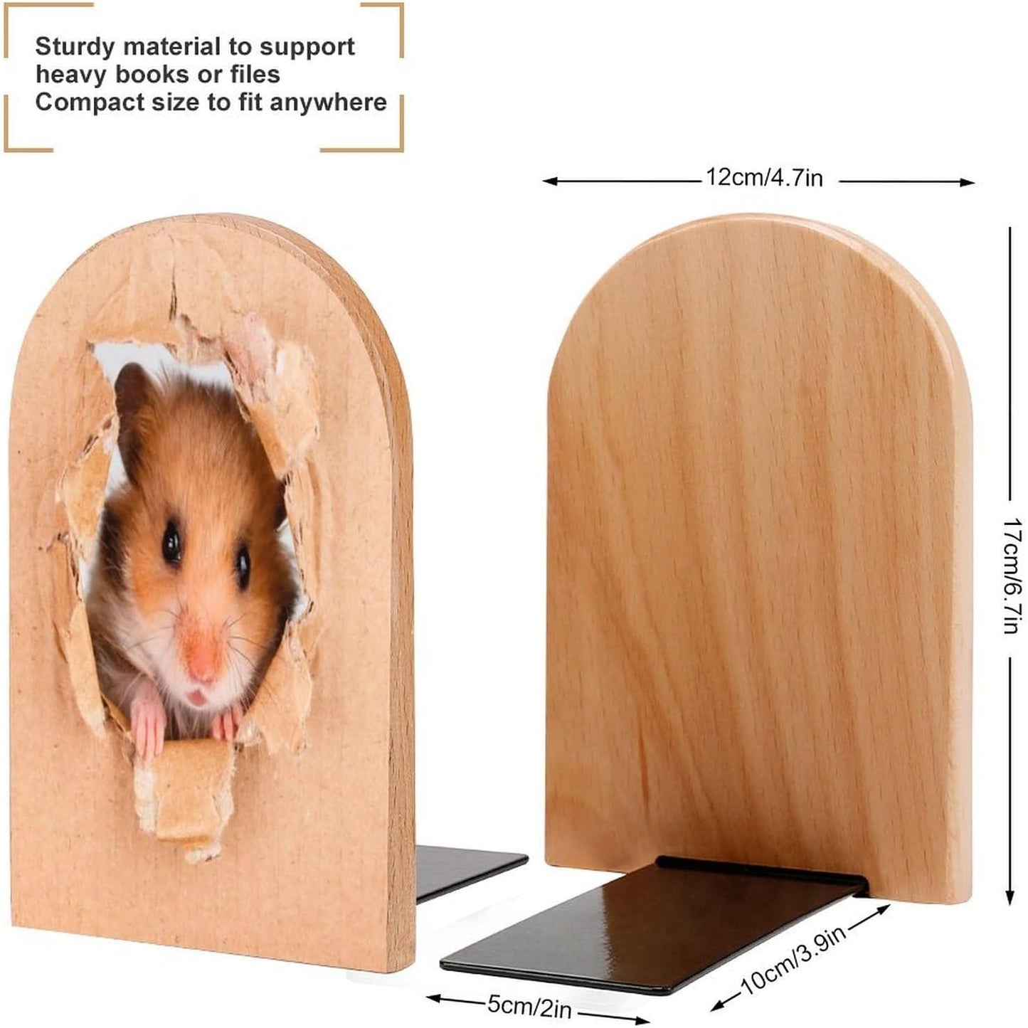 Funny Hamste Wooden Bookend Non-Slip Book Ends Heavy Duty Book Stopper with Metal Base Books Holderd Decorative Bookends Stands Firmly for Office Supplies