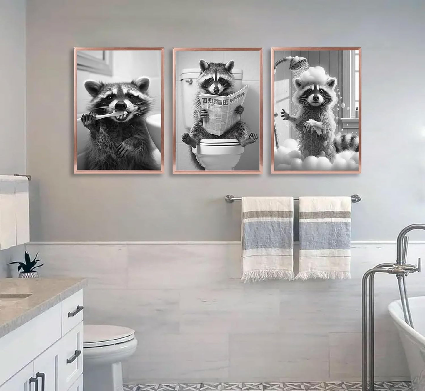 3pcs Adorable Raccoon Bathroom Canvas Wall Art Raccoon On Toilet Reading Newspaper Brush Teeth Posters Prints Black And White Animal Pictures Wall Decor for Bathroom Toilet Shower Room Decoration