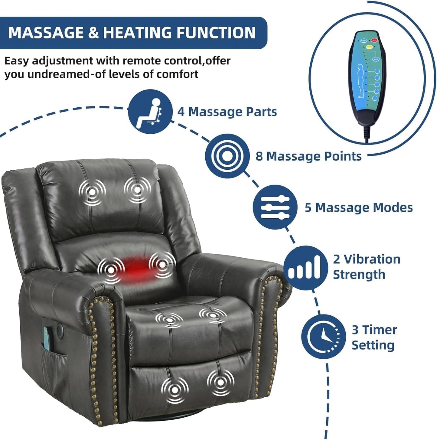 Modern Swivel Glider Rocker Recliner Chair for Adults, Manual Rocking Reclining Sofa with Heat and Vibration Massage, 360 Degree Swivel Armchair with USB Port, Side Pockets