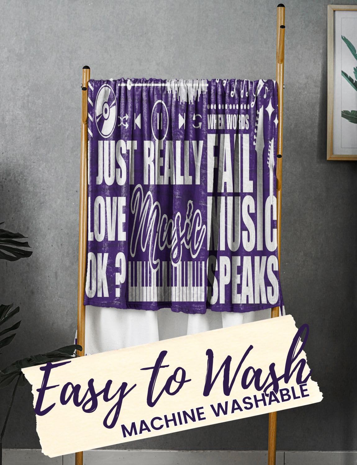 Music Gifts for Women Girls, Without Music Life Would Be Flat, Music Themed Blanket for Daughters, Coworkers, Music Teachers, Flannel Throw Blanket 50x65 Inches for Adults Teens, Purple
