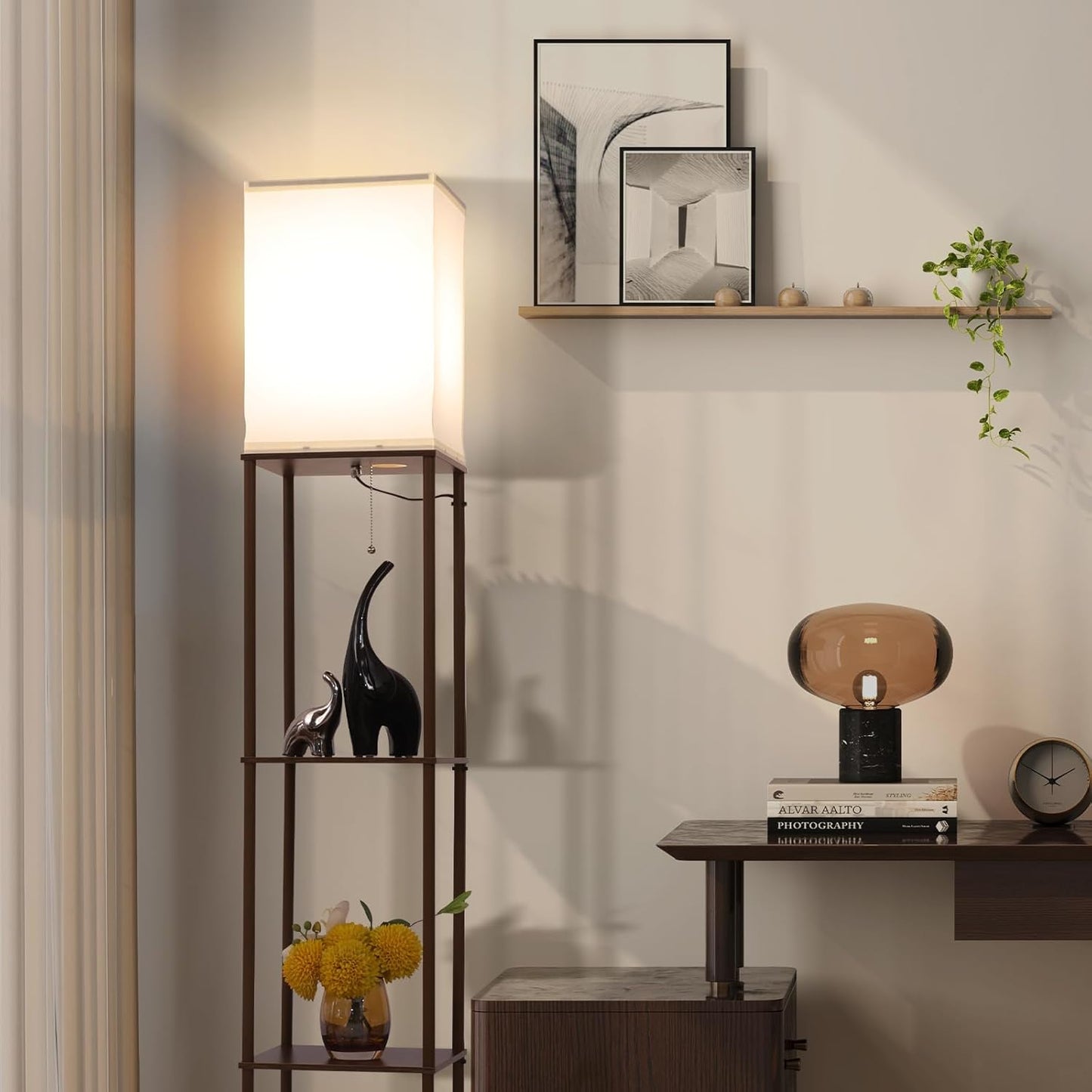 Floor Lamp with Shelves, with Modern Square Standing Lamp with Smart APP Control RGB Bulb, Corner Display Bookshelf Lamp for Living Room, Bedroom and Office(brown-9RGB)