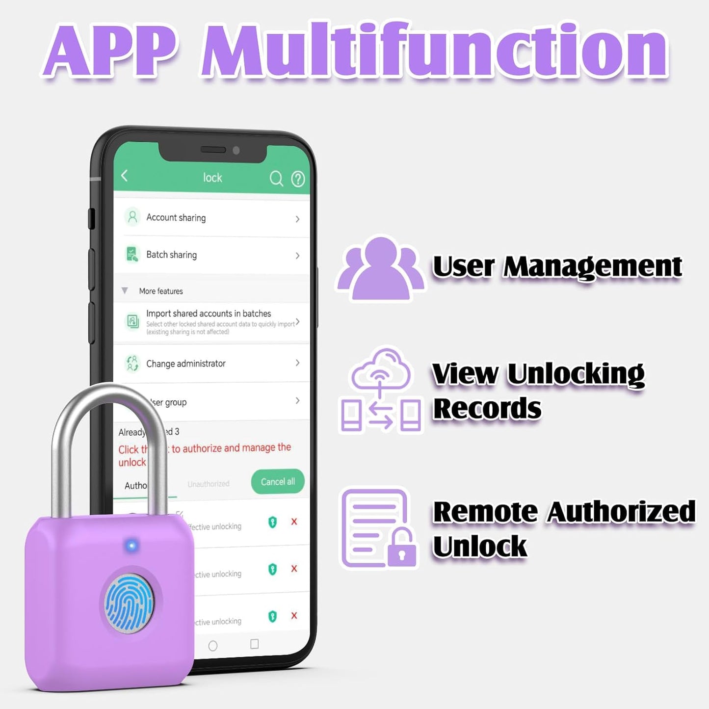 Pothunder Fingerprint Padlock, Smart Padlock, Locker Lock, Combination Fingerprint Lock with APP Unlock, USB Rechargeable, Suitable for Gym Locker(Lavender Purple)
