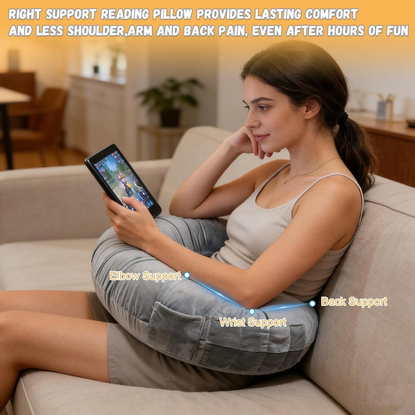 Reading Pillow for Gaming, Crochet Pillow for Lap Support, Lap Desk Pillow for Sitting in Bed or Sofa, Multi-Purpose Reading Pillow for Gaming/Working/Crocheting, Reduces Arm Pain & Fatigue, Grey