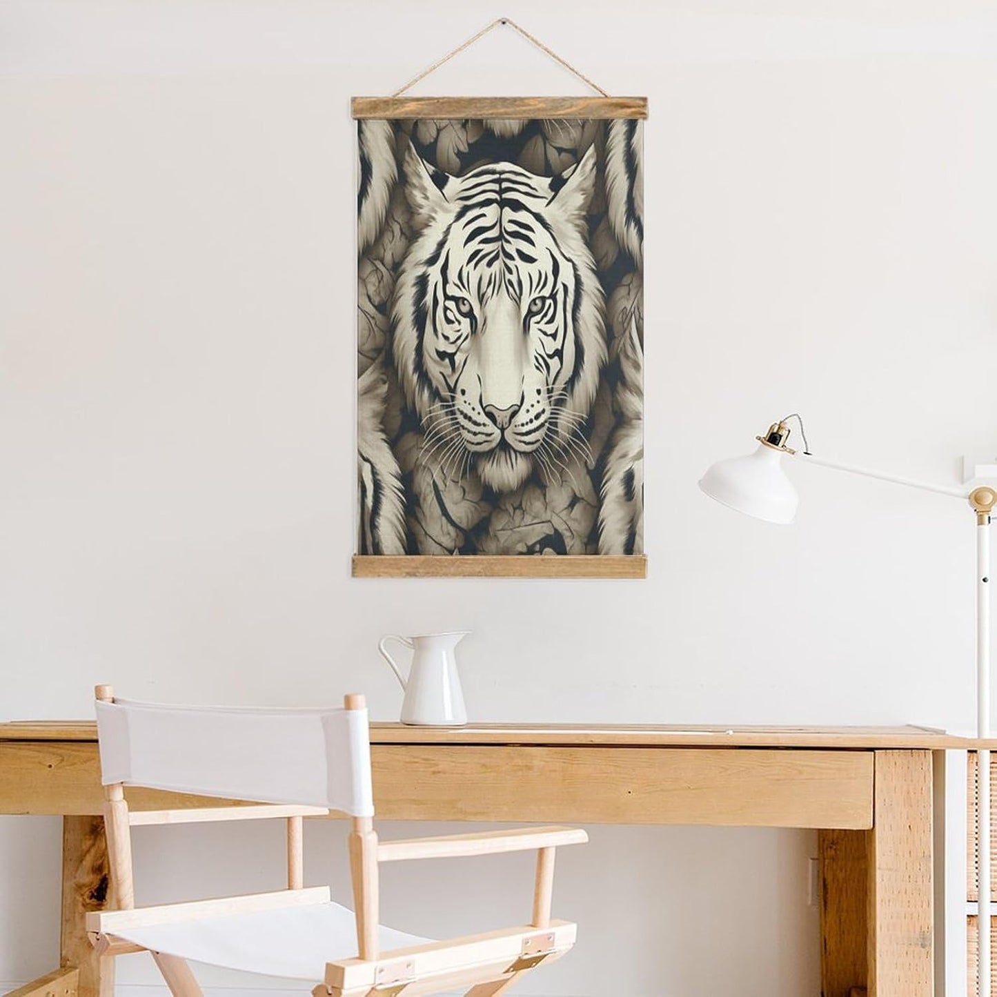 Vintage White Tiger Head Pattern Poster with Wooden Frame Personalized Linen Hanging Scroll Painting Rustic Wall Hanging Illustrative Modern Artwork Decor for Home Living Room Bedroom Office