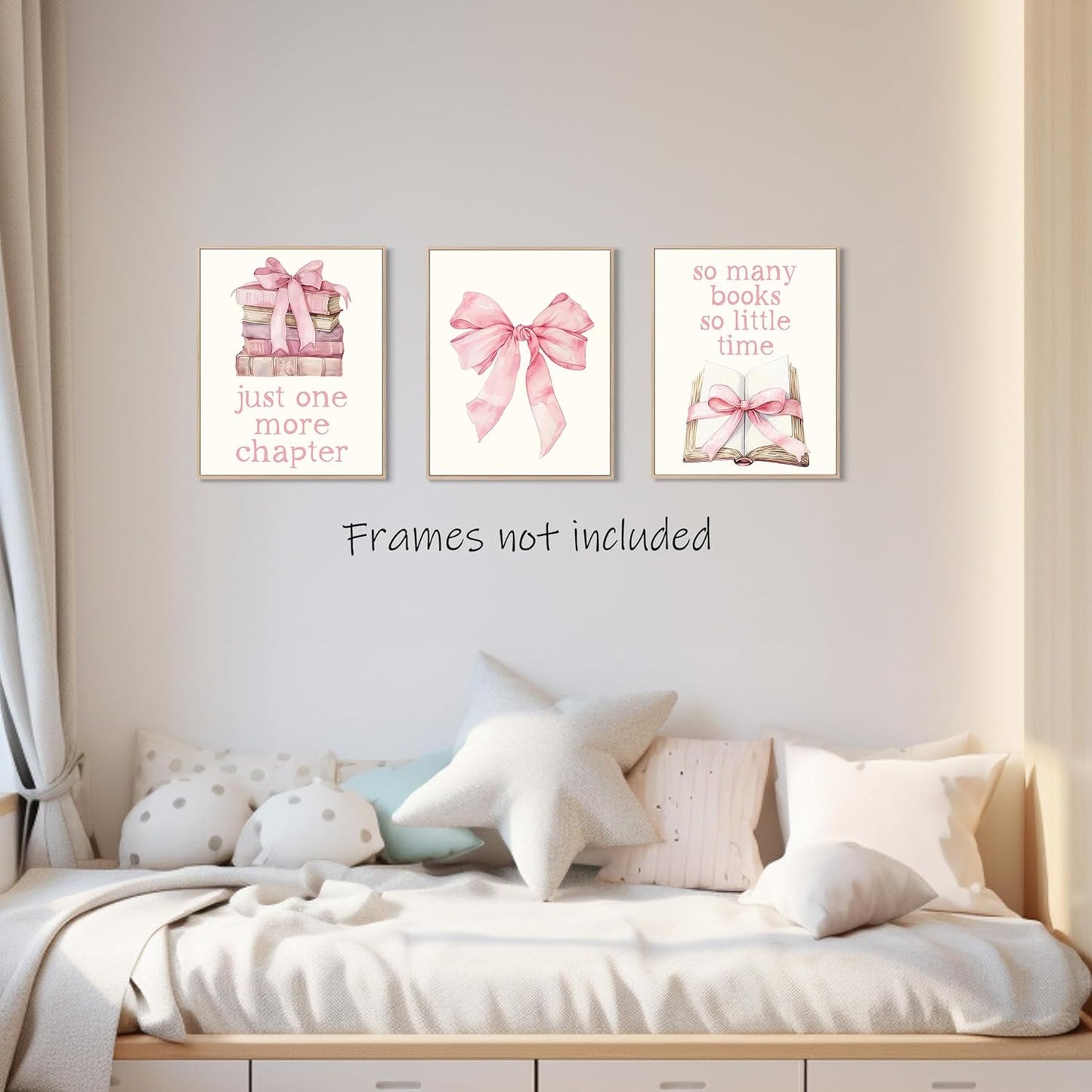Aychlithic Coquette Bow Reading Wall Art Decor Posters - Pink Bow Preppy Room Decor for Bookish Book Lovers, Just One More Chapter Book Club Poster Prints for Bedroom Dorm Unframed 8x10 Inch, Set of 3