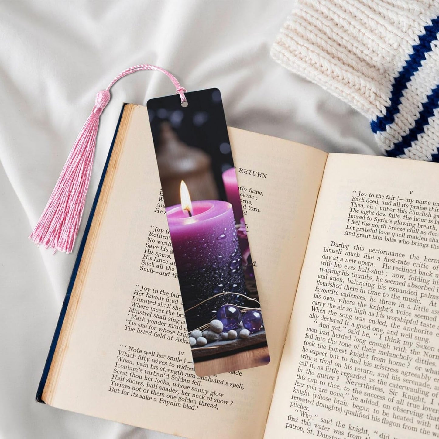 5 Pieces Wooden Bookmark for Men Women Reading Wooden Bookmarks Unique Handmade Wood Book Marks with Tassel Pendant Craft Purple Flowers and Candles Bookmark for Book Lovers Birthday Teachers Gift