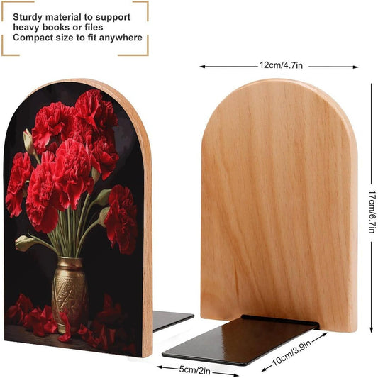 Romantic Carnation Wooden Bookend Non-Slip Book Ends Heavy Duty Book Stopper with Metal Base Books Holderd Decorative Bookends Stands Firmly for Office Supplies