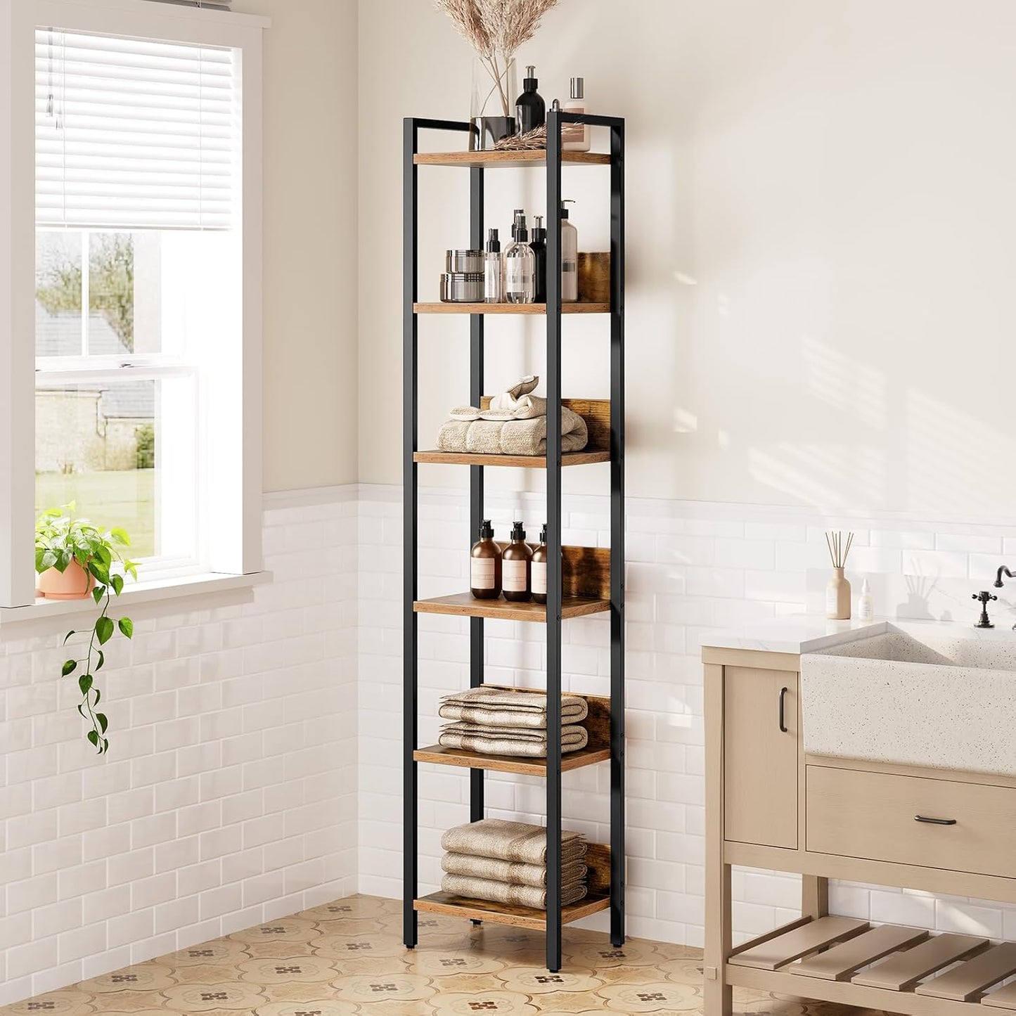 Bookshelf, 6-Tier Bookcase, Standing Book Shelf for Small Space, Storage Shelf Organizer, for Living Room, Bedroom, Study, Balcony, Rustic Brown and Black BKHR6601