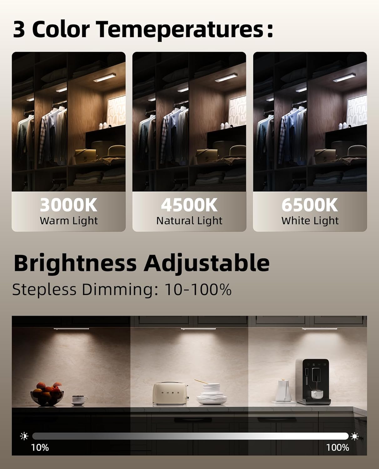 6Pack 7.8inch Under Cabinet Lighting, Rechargeable Motion Sensor Light Wireless Indoor, Dimmable 3 Color Temps Closet Lights with Remote, Under Counter Lights for Kitchen, Stairs, Bookshelf