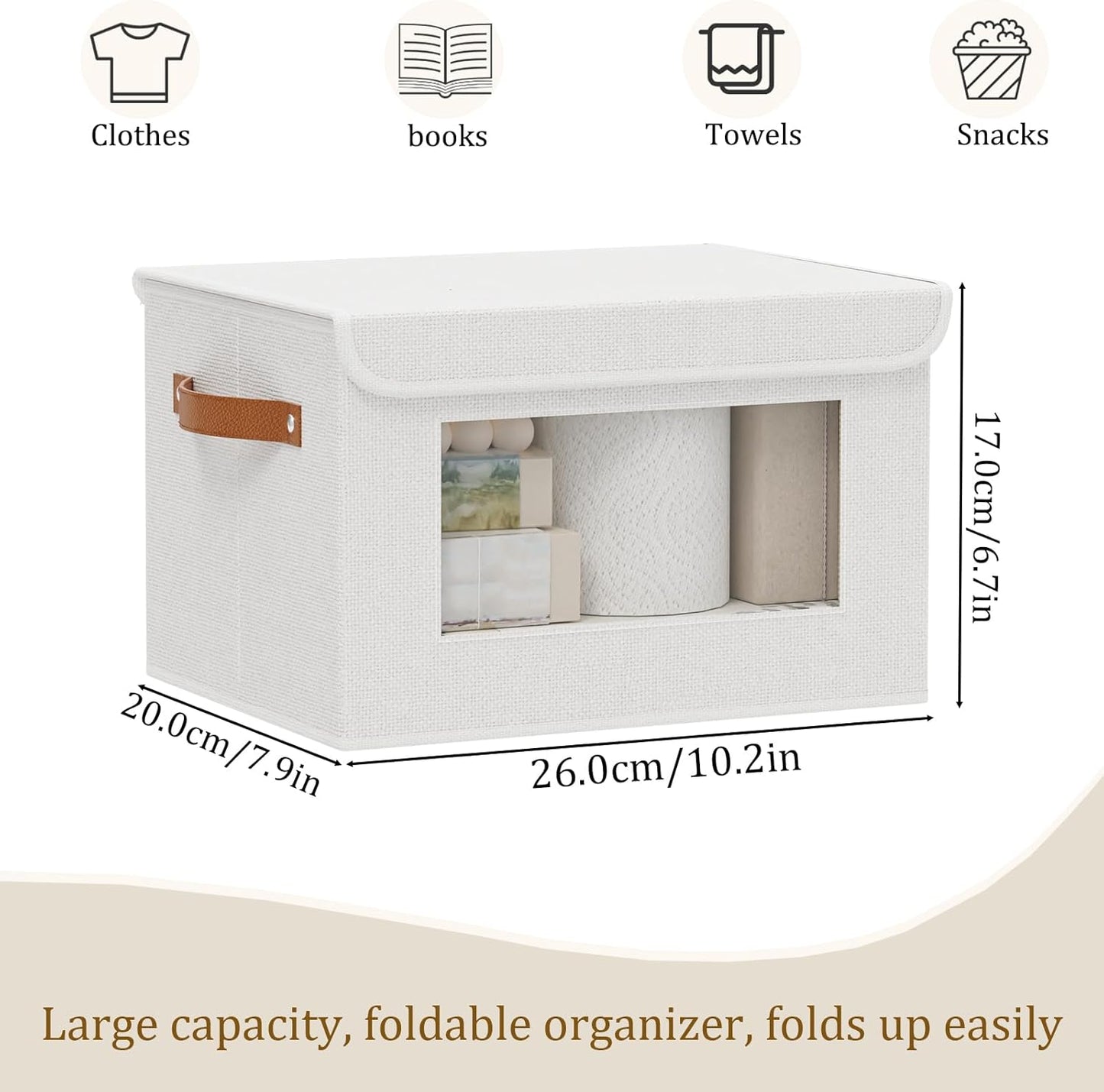 Fabric Storage Boxes with Lids, 10.2 x 7.8 x 6.7 Inch Closet Organizers for Shelves, Foldable Storage Bins with Handles, White, 5-Pack