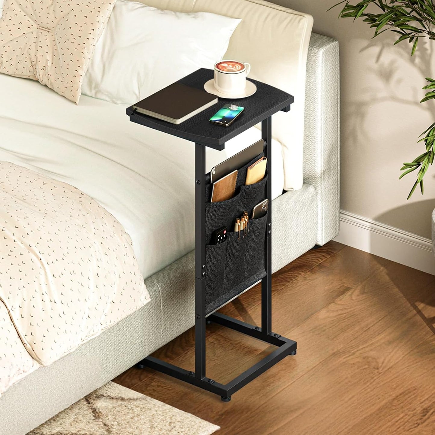 HOOBRO C Shaped End Table, 28.3" Side Table for Small Spaces, Couch Table with Storage Bag, Slide Under Sofa Side Table, for Living Room, Bedroom, Black BB40SF01