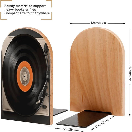 Vintage Vinyl Record Bookend for Shelves Wooden Book End Large Size Sturdy Book Holders Stoppers with Metal Base for Bookshelves Slick Decorative Bookends Stands