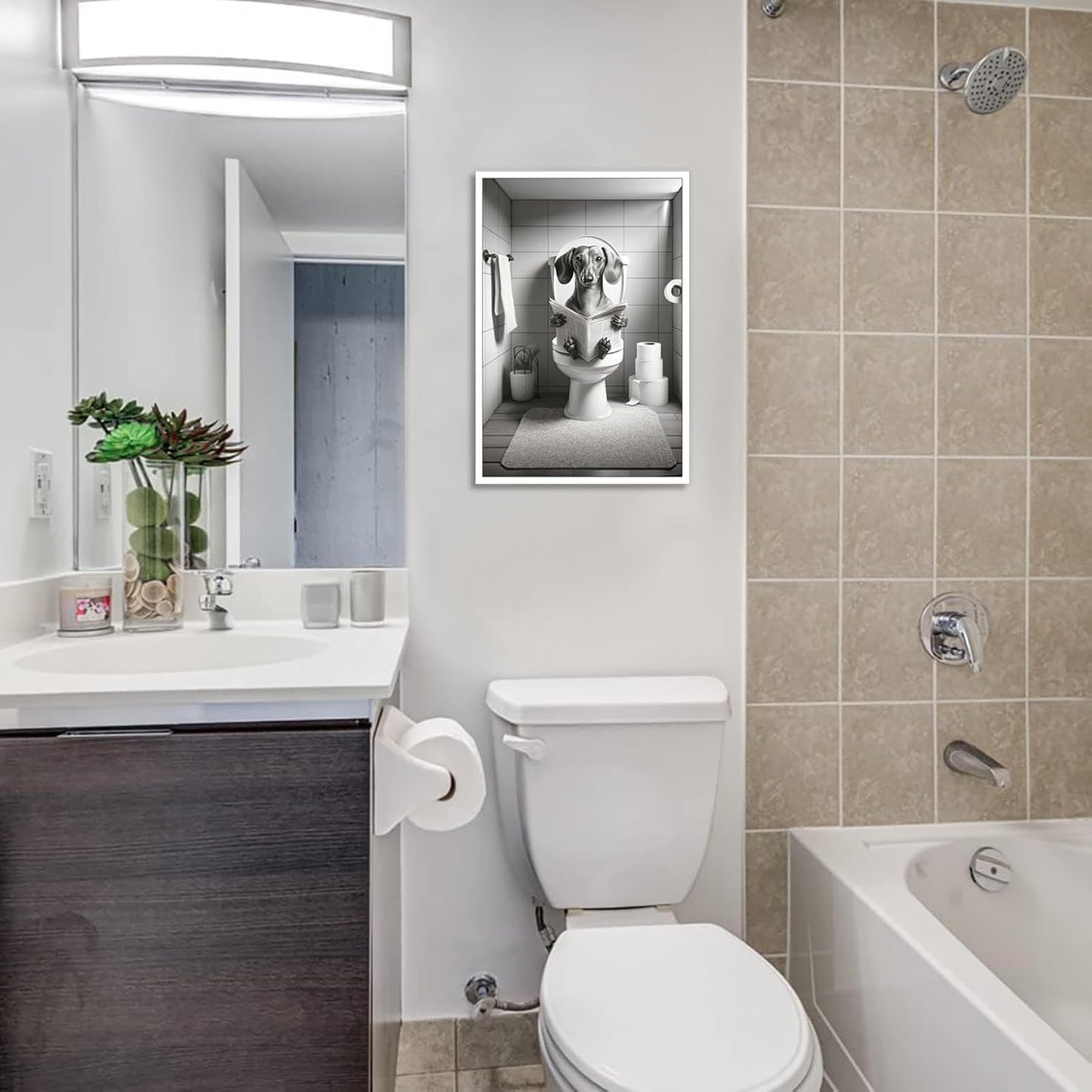Canvas Funny Dachshund Posters Petshop Wall Art Animal In Toilet Sitting On Toilet And Reading Newspaper Prints Painting For Bathroom Home Bedroom Dorm Decor 12x16in Unframed