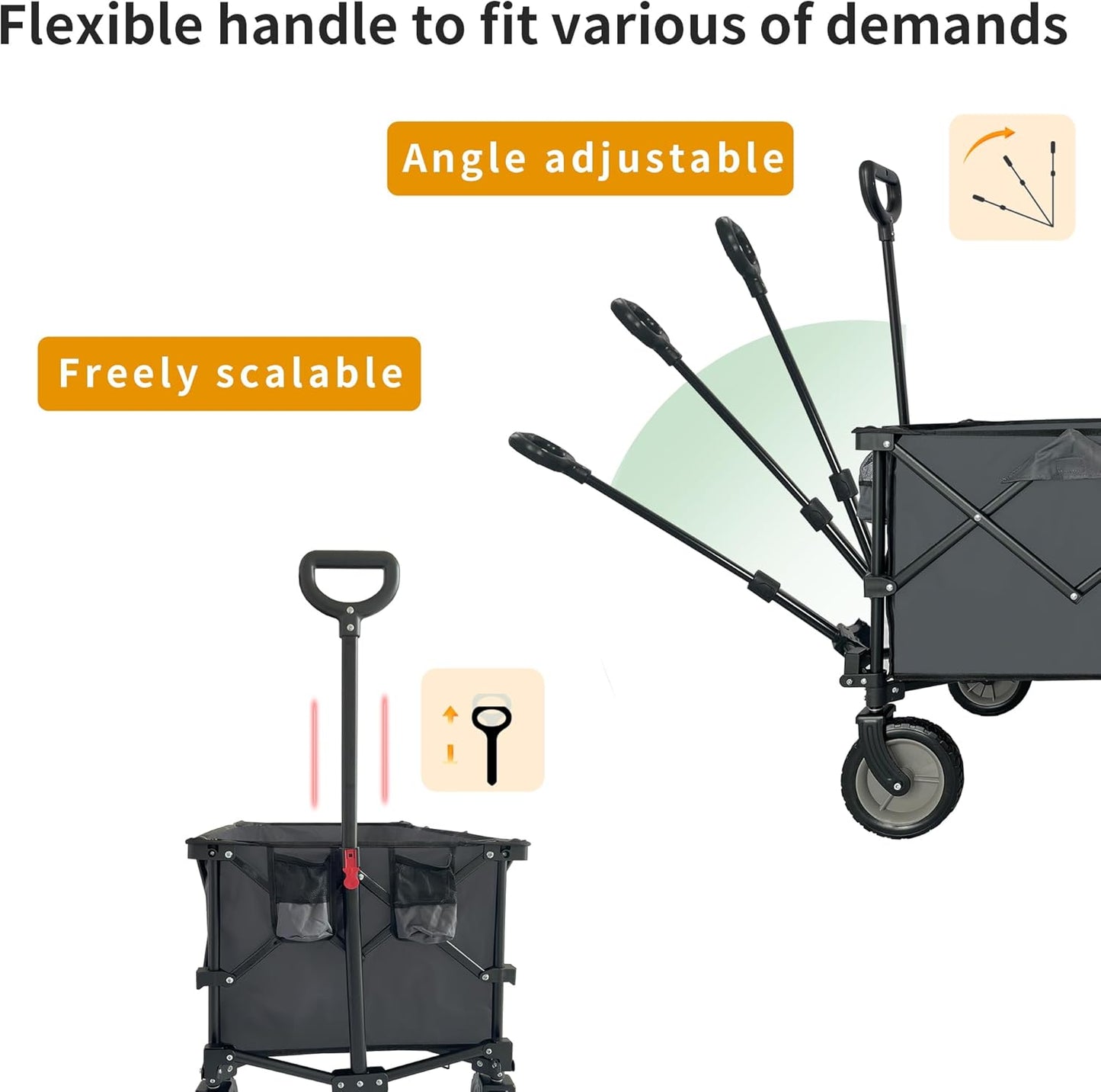 LKJYBG Steel Yard Cart Garden Wagon with Adjustable Handles 2 Cup Holders Wheels Collapsible Foldable Wagon Folding Utility Garden Cart for Garden Orchard Warehouse Cement Grey As Shown