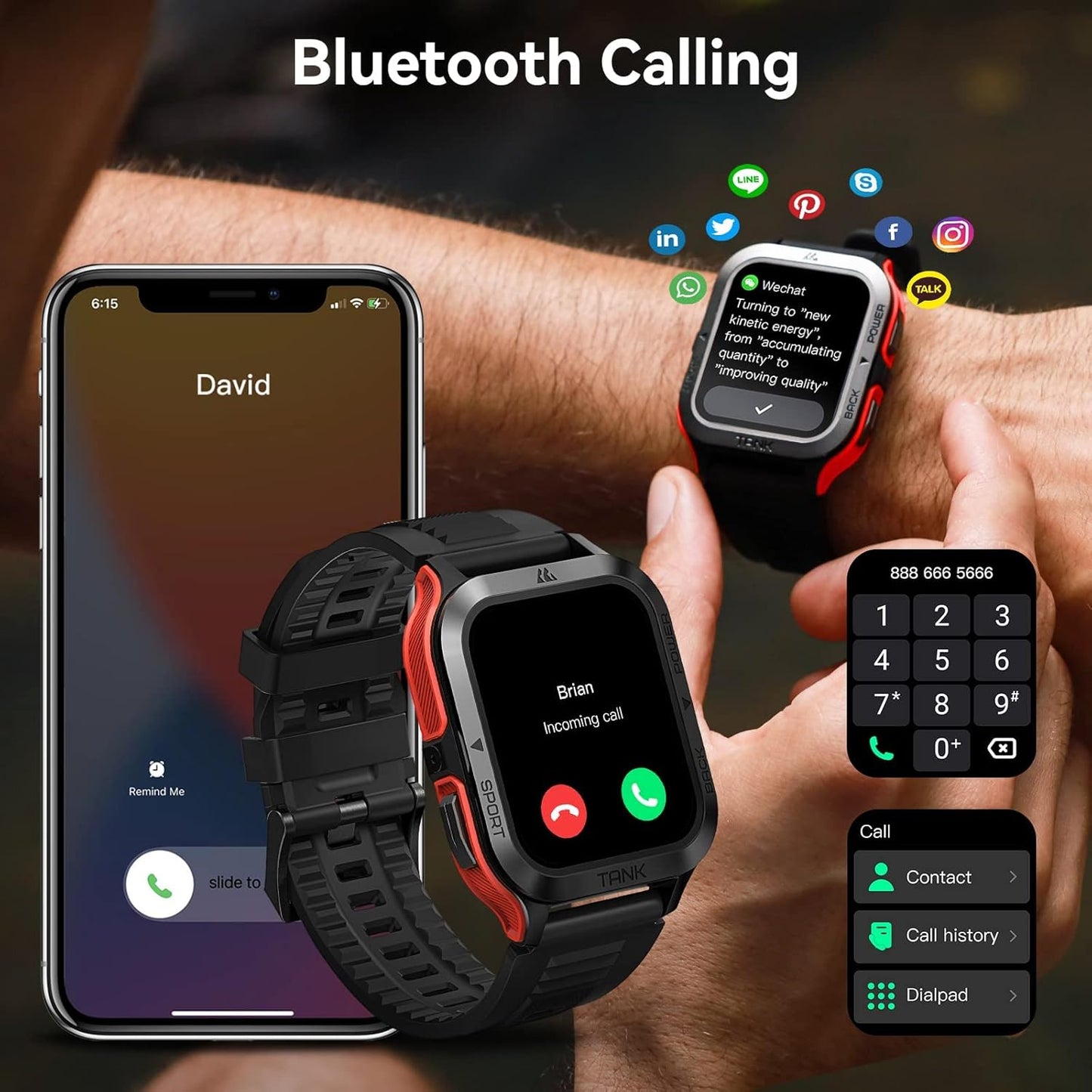 AMAZTIM Smart Watch, 60 Days Extra-Long Battery, 50M Waterproof, Rugged Military Bluetooth Call(Answer/Dial Calls), 1.85" Ultra Large HD Display, AI Voice Assistant, Compatible for Android and iOS-Red