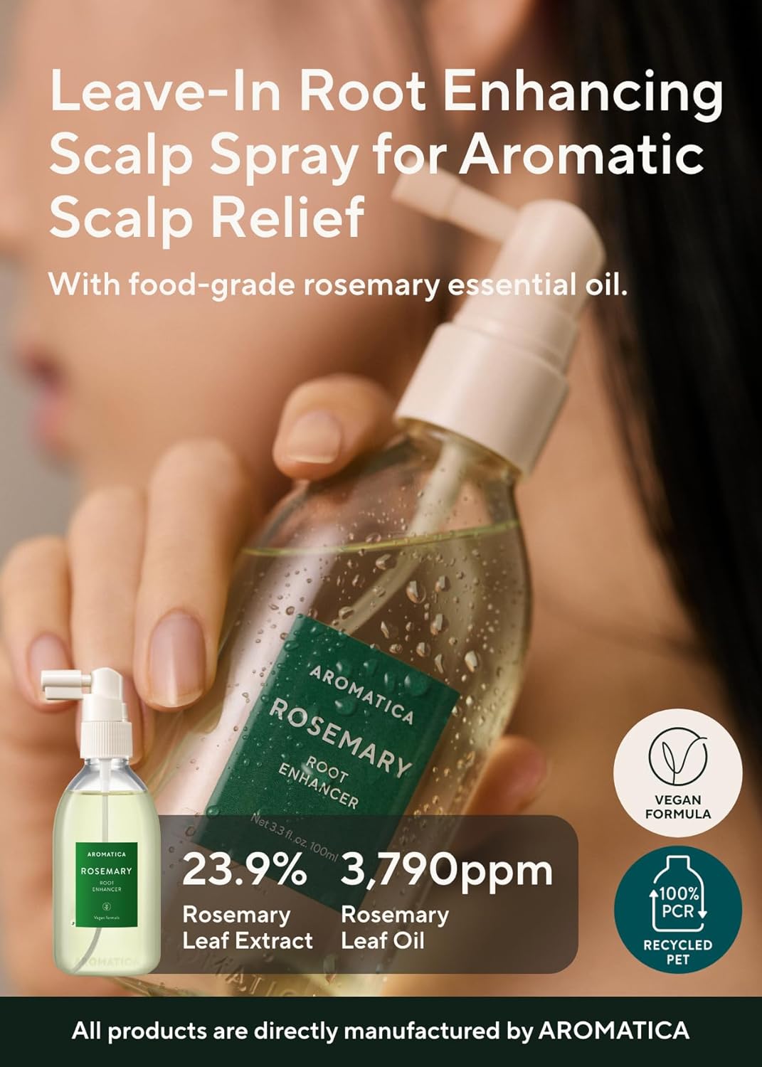 AROMATICA Root Enhancer Rosemary water spray for hair growth - with rosemary oil & caffeine & biotin - Korean hair care for hair thinning & hair loss - free from silicone, paraben and sulfate