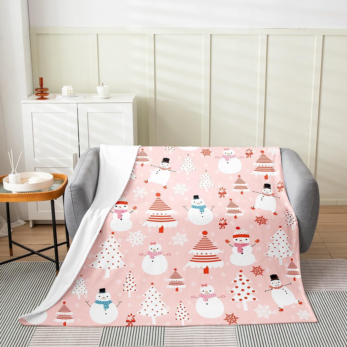 Feelyou Christmas Kids Plush Throw Blanket Cartoon Snowman Bedding All Season Bed Blanket Set for Sofa Couch Christmas Tree Decor Flannel Fleece Blanket Set Pink Dots Xmas Theme Bedroom Queen 90"x90"