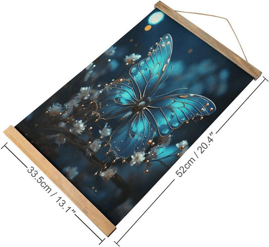 Vintage Blue Butterfly And Moon Poster with Wooden Frame Personalized Linen Hanging Scroll Painting Rustic Wall Hanging Illustrative Modern Artwork Decor for Home Living Room Bedroom Office