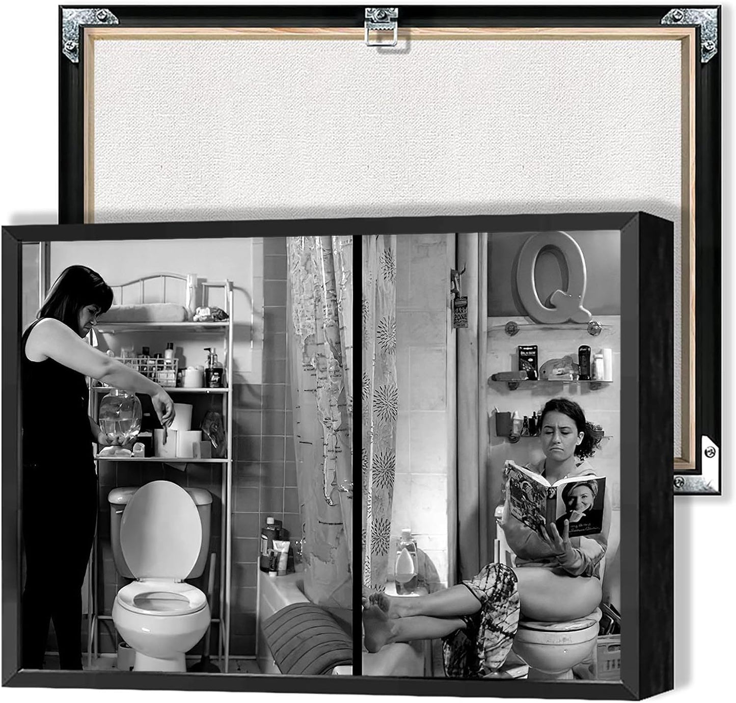Funny Bathroom Canvas Posters Humor Black And White Wall Art Woman Toilet Reading Magazine Prints Painting For Living Room Restroom Dorm Wall Decor 8x12in Unframed