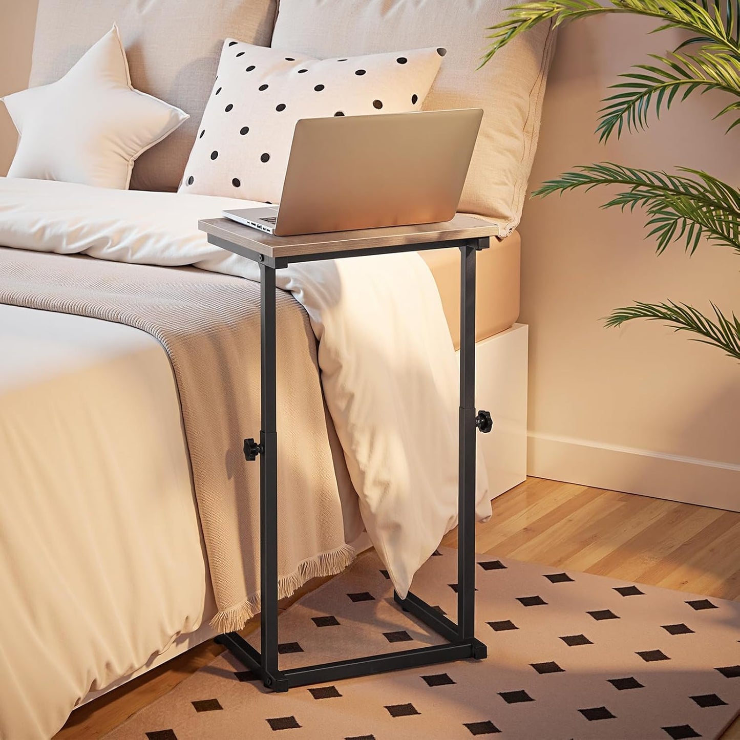 HOOBRO C Shaped End Table for Couch, Adjustable Height Side Table, Sofa Table for Small Spaces, Couch Table that Slide Under, for Living Room, Bedroom, Greige and Black BG71SF01