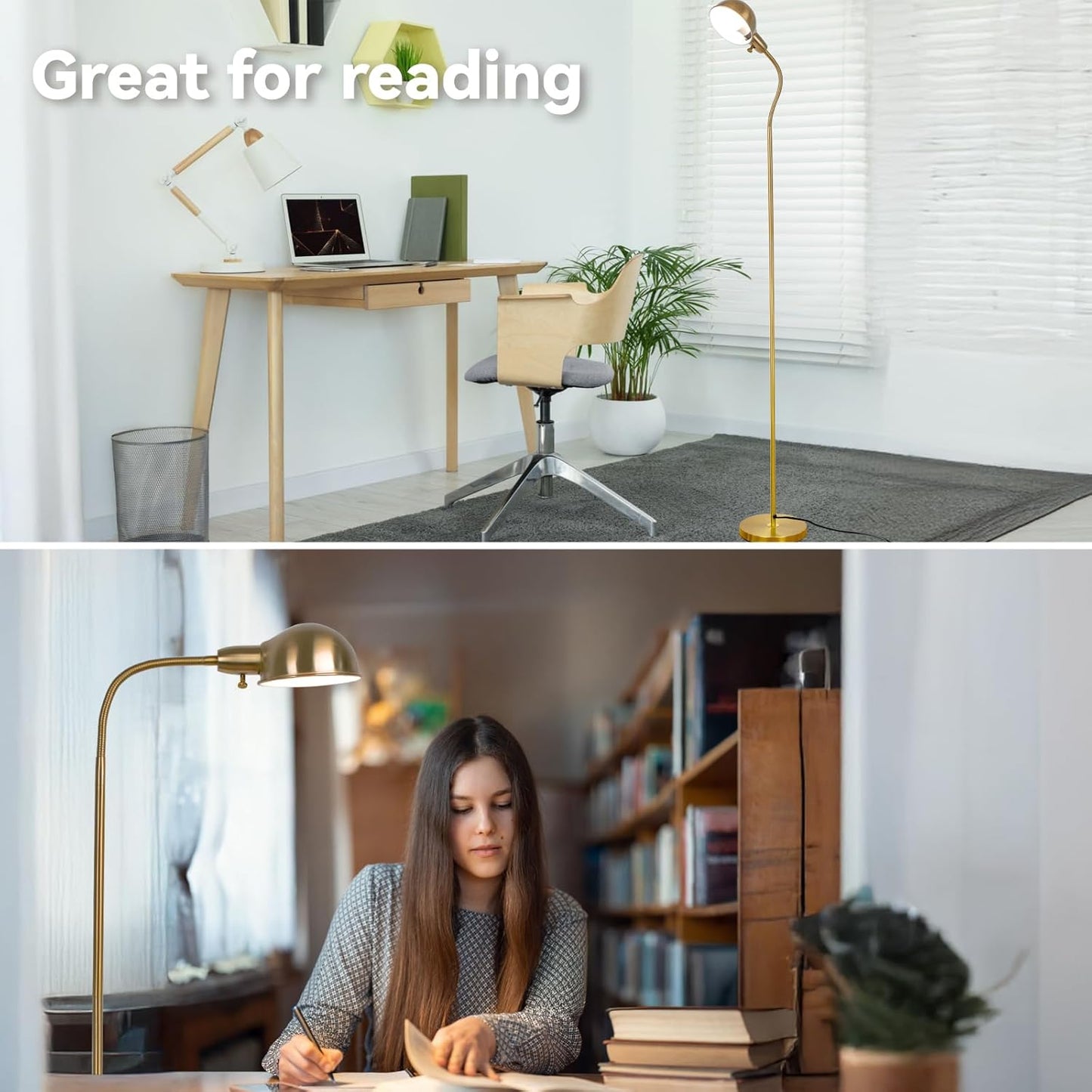 Dimmable Floor Lamp with Flexible Gooseneck and Rotatable Shade, Modern Style Standing Tall Lamp, E26 Socket, LED Reading Lamp (Gold)
