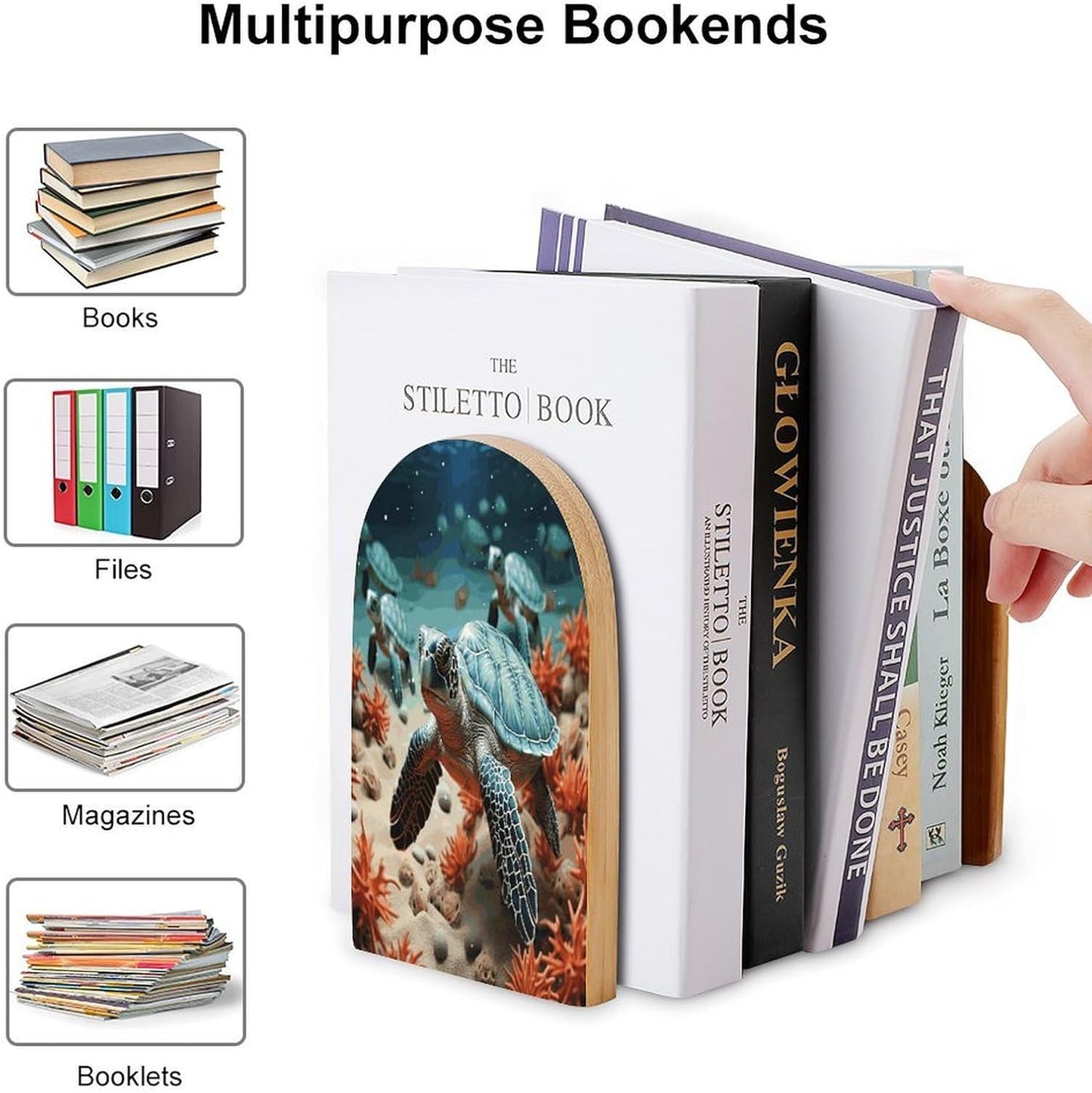 Turtle Starfish Bookend for Shelves Wooden Book End Large Size Sturdy Book Holders Stoppers with Metal Base for Bookshelves Slick Decorative Bookends Stands
