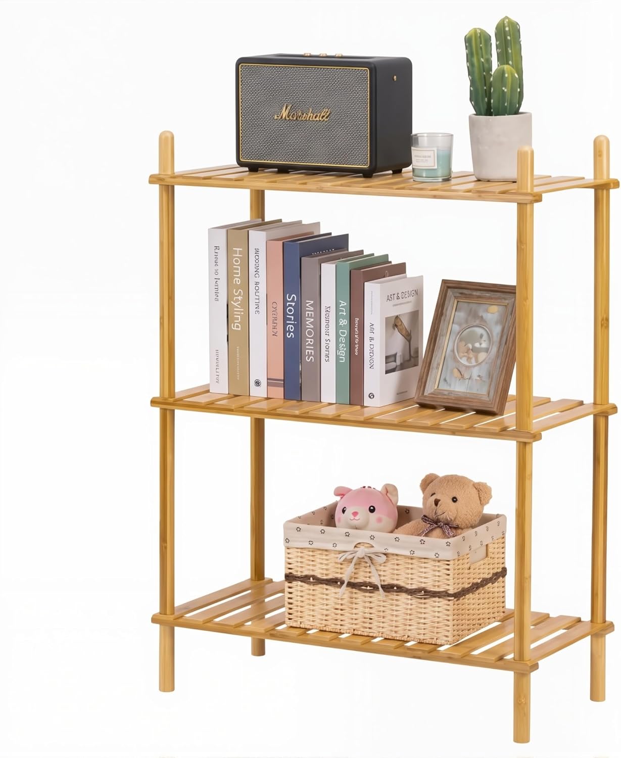 3-Tier Expandable Bamboo Bookshelves and Bookcases,Heavy-Duty, Tool-Free, 31.8"Tall Shallow Book Shelf Organizer Rack, Freestanding Storage Shelving Unit for Living Room, Kitchen, Bathroom, Office