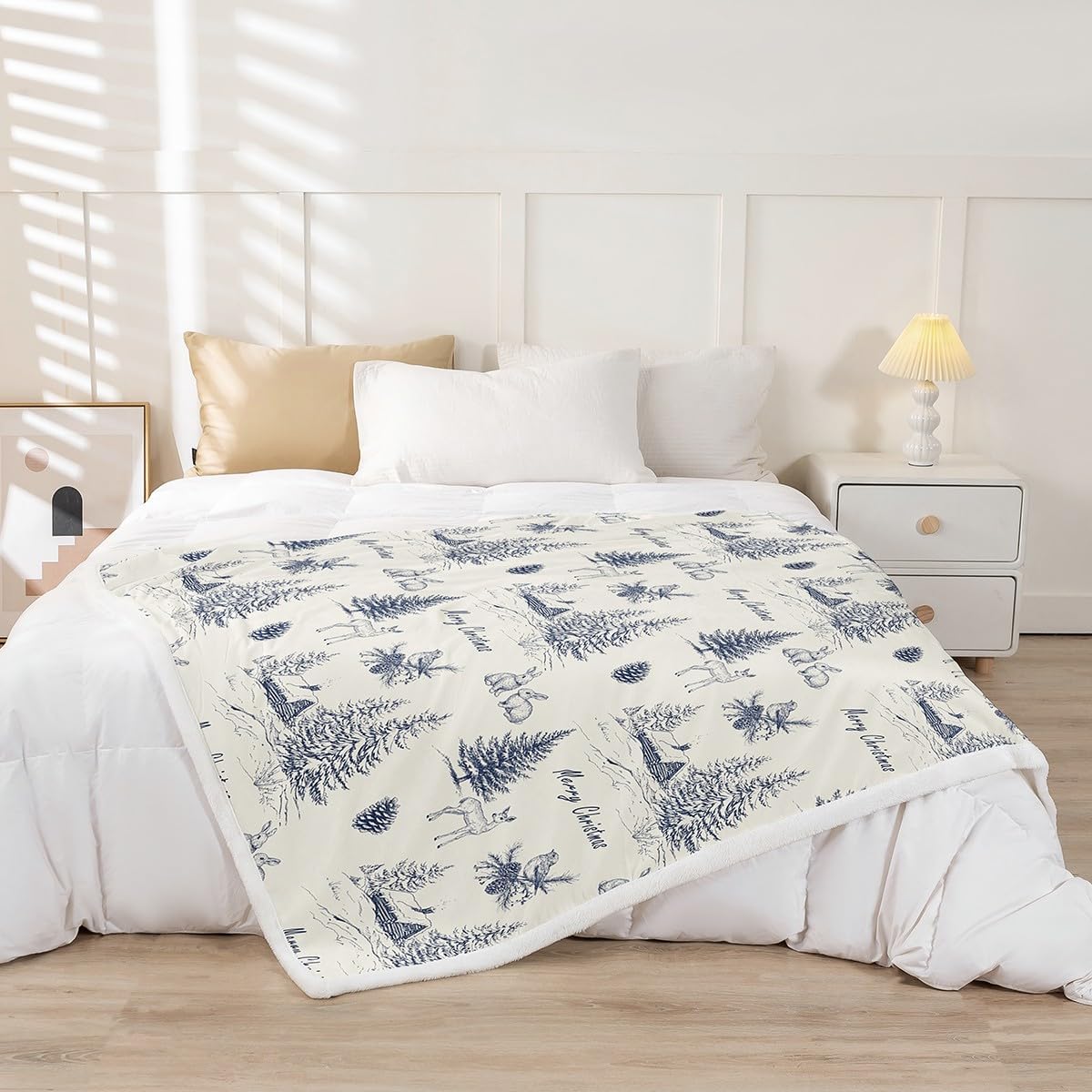 Erosebridal Navy Blue Christmas Throw Blanket Throw Size, Winter Village Blanket for Kids Adults, Christmas Tree Reindeer Pattern Fleece Blanket, Xmas Holiday Theme Sherpa Blanket
