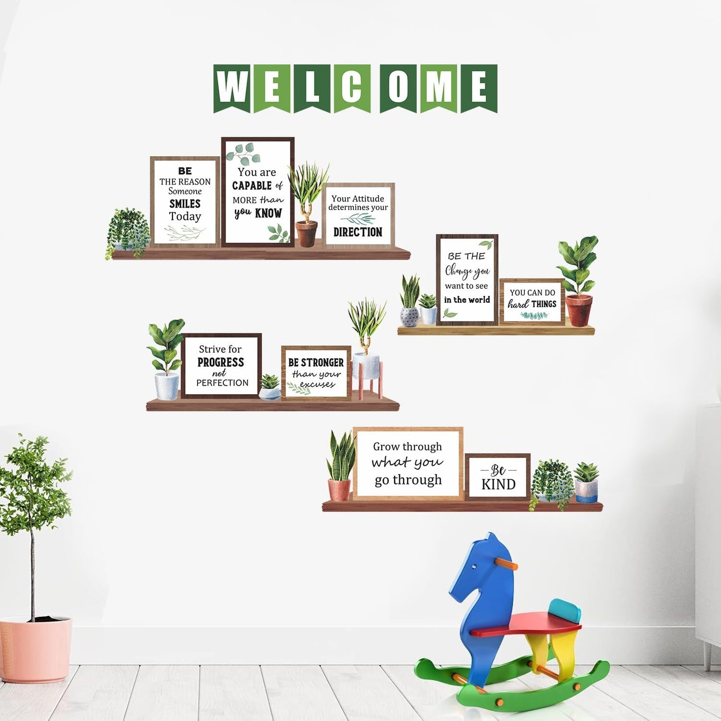 TOARTi Green Plants Wall Decals Motivational Classroom Wall Stickers Potted Plant Bookshelf Bulletin Board Decals Inspirational Quote Back to School Decoration