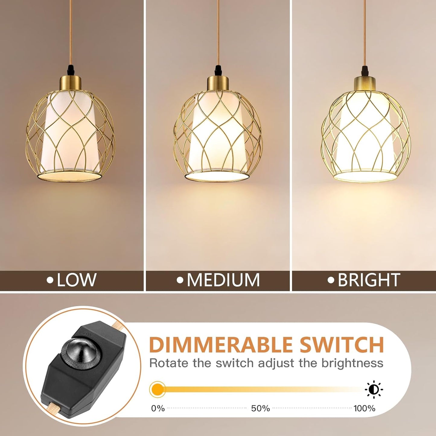 Plug-in Pendant Light, Hanging Lamp with Linen Shade, 15ft Golden Cotton Cord, Plug-in Light Fixture for Bedroom (Bulb Included)