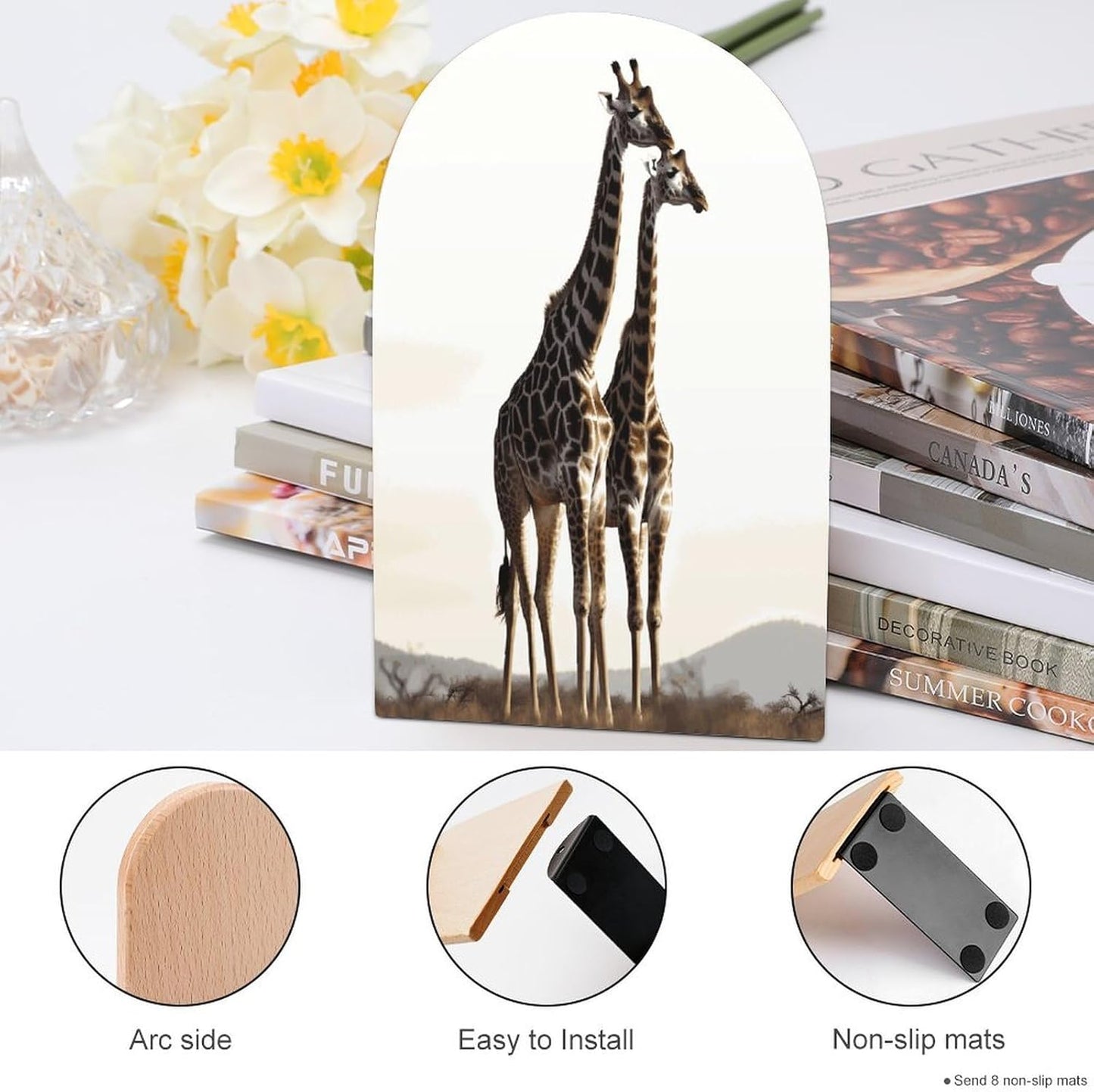 Non-Slip Bookend for Shelves African Giraffe Wooden Bookends with Metal Base Decorative Book Stopper for Home Heavy Duty Wood Book Storage for Books/CDs