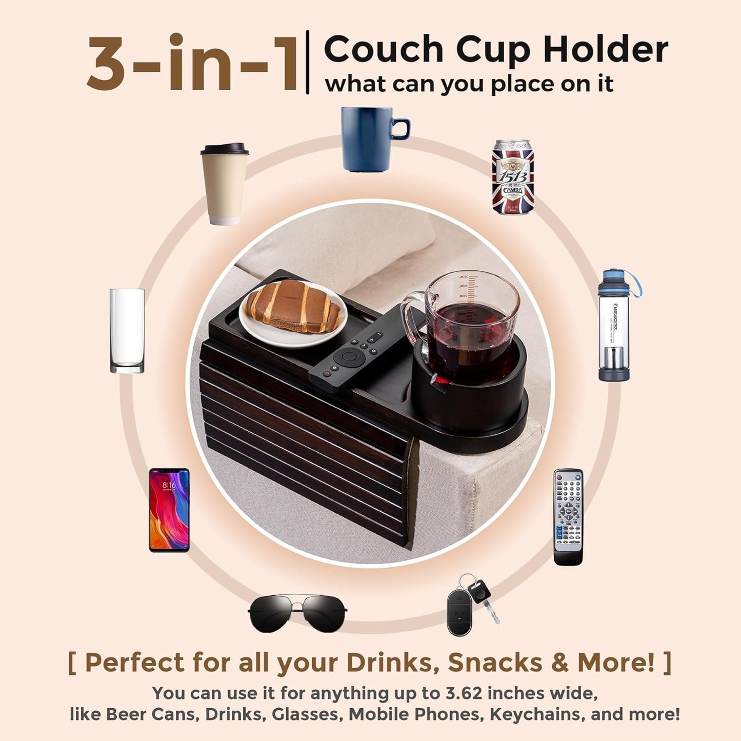 Couch Cup Holder Tray for Armrests Over 4.9" Wide, Bamboo Couch Arm Tray with 360° Rotating Phone Stand, 3 in 1 Foldable Sofa Arm Tray Table for Remote, Snacks, Phone, Drinks Black