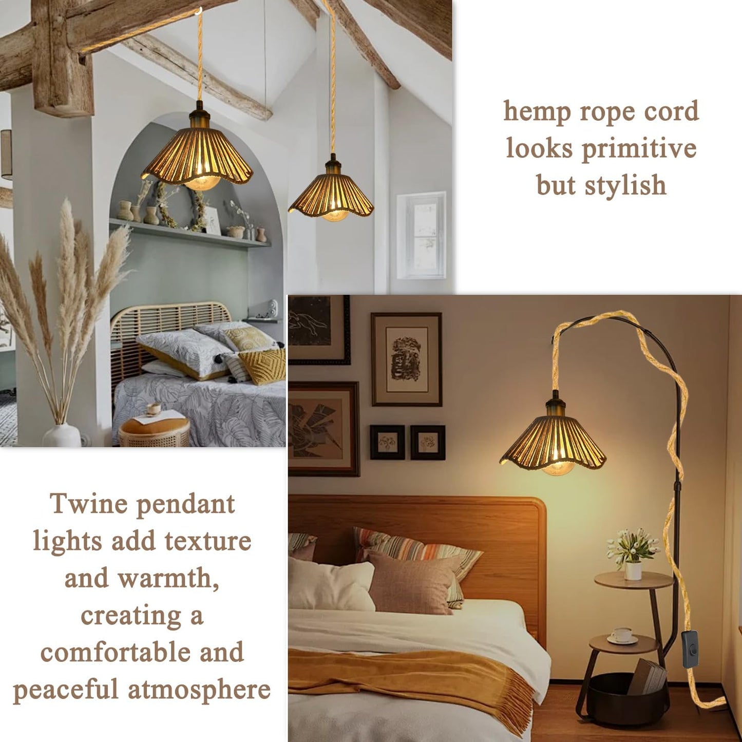 Plug in Pendant Light, E26/E27 Socket Hanging Lights, Hand Woven Hemp Rope Shade 16.7ft Cable with Switch and Plug Bohemian Hanging Light Fixture Vintage Rustic Chandelier (No Bulb)