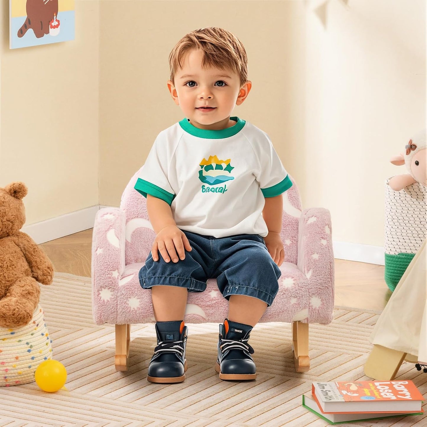 INFANS Kids Sofa with Glow in The Dark, Toddler Rocking Chair with Solid Wooden Frame Anti-Tipping, Upholstered Comfy Foam Children Chair for Kindergarten Playroom Preschool, Gift for Boys Girls