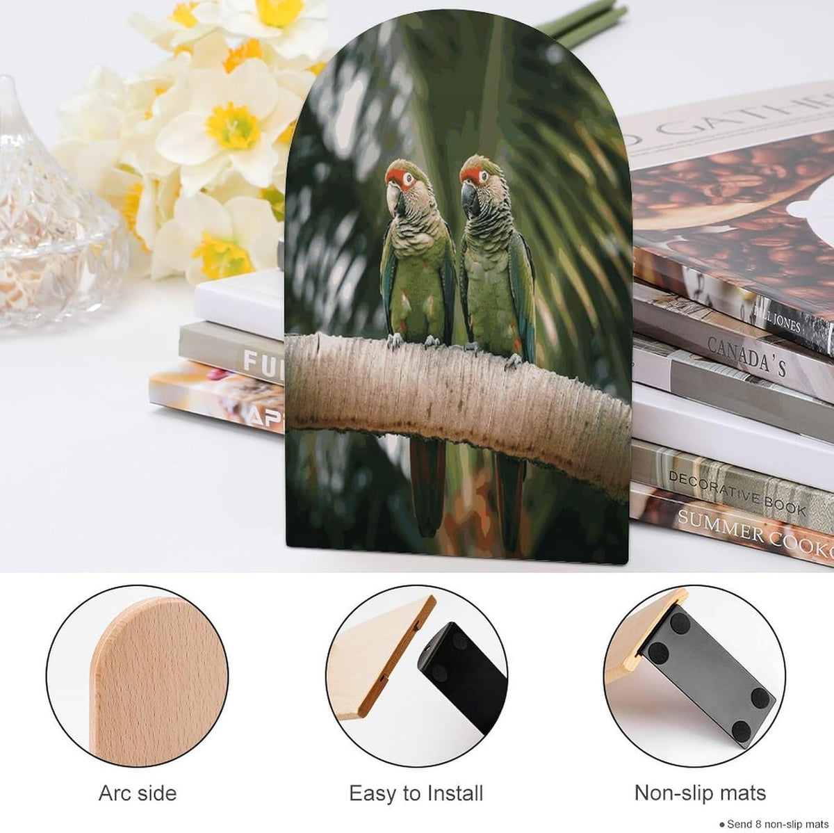 Two Parrots on Green Palm Tree Wooden Bookend Non-Slip Book Ends Heavy Duty Book Stopper with Metal Base Books Holderd Decorative Bookends Stands Firmly for Office Supplies