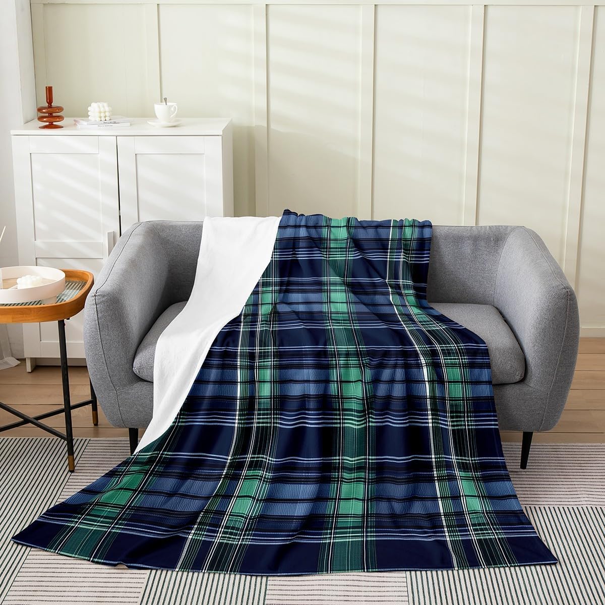 Feelyou Farmhouse Buffalo Plaid Plush Throw Blanket Green and Blue Checkered Flannel Blanket 40"x50" Rustic Geometric All Season Classic Retro Boho for Couch Bed Sofa Bedroom Decor