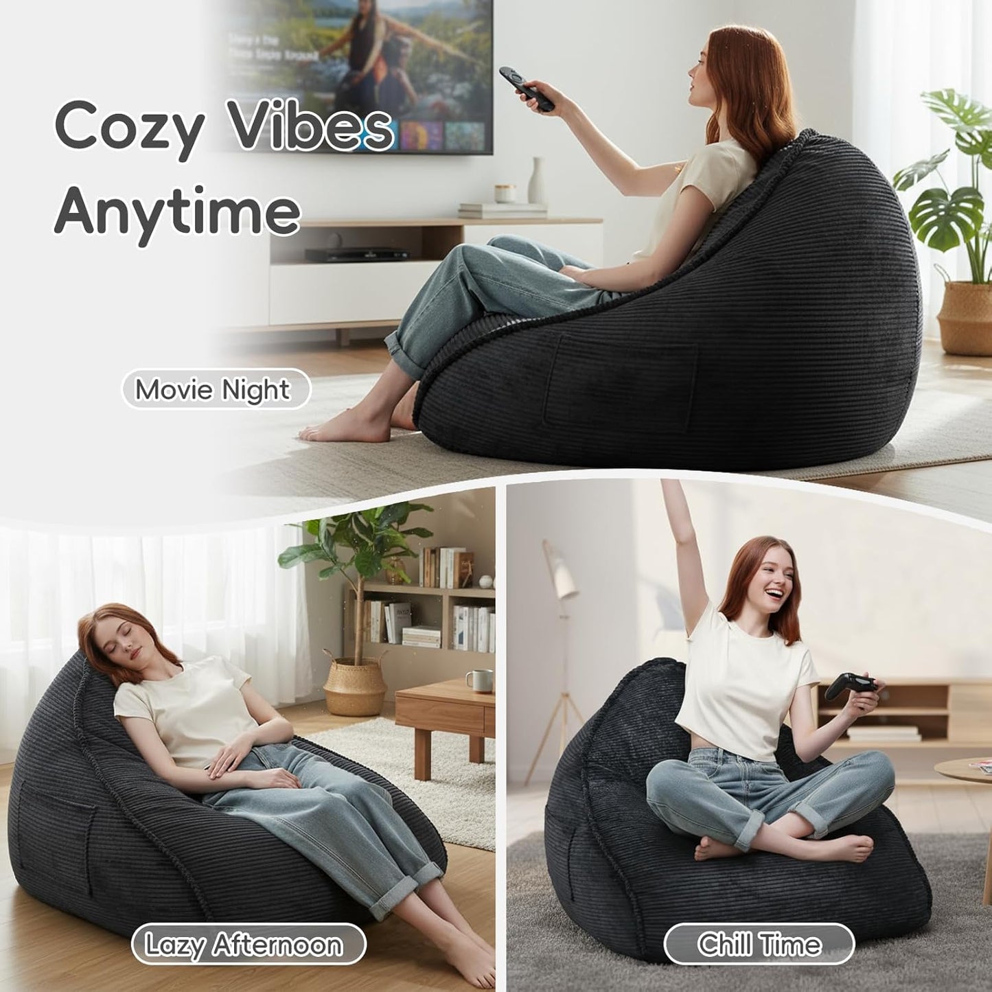 Bean Bag Chair with Ottoman for Adults, Large Corduroy Bean Bag Couch, Boneless Chaise Lounge Reading Chair with High-Resilience Foam, Floor Lounger for Bedroom Living Room (Black)