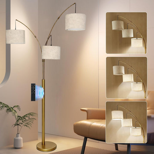 Dimmable Arc Floor Lamp, Gold Pole Standing Lamp with Linen Shade and Heavy Base, Remote Control with Stpeless Color Temperatures and Brightness for Bedroom, Office