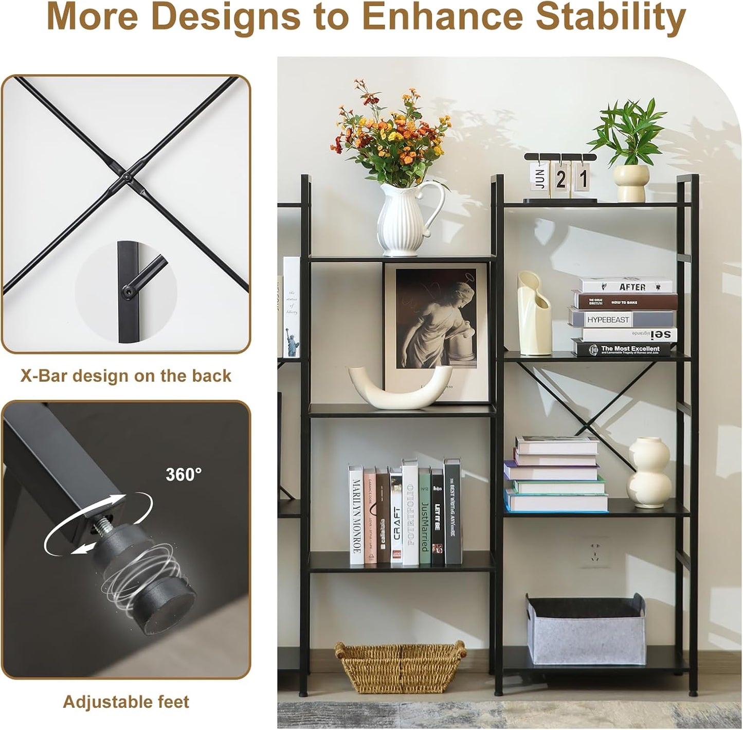 Triple 4 Tier Bookshelf, Tall Book Shelf with 11 Open Display Shelves, Adjustable Industrial Bookcase in Living Room, Bedroom, Wide Metal Bookshelf Book Case for Home & Office, Black