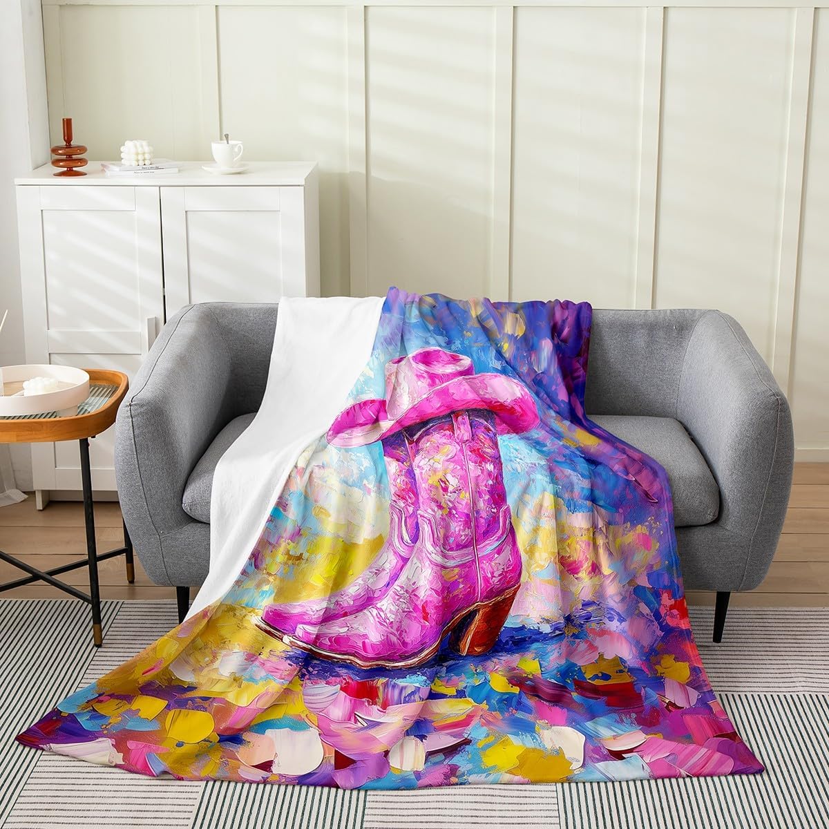 Cowgirl Boot Flannel Blanket,Western Cowgirl Rustic Farmhouse Bed Blanket for Girls Women,Geometric Graffiti Tie-dye Hip-hop Fleece Blanket,Country Retro Fuzzy Blanket,Throw Size (50 x 60 Inches)