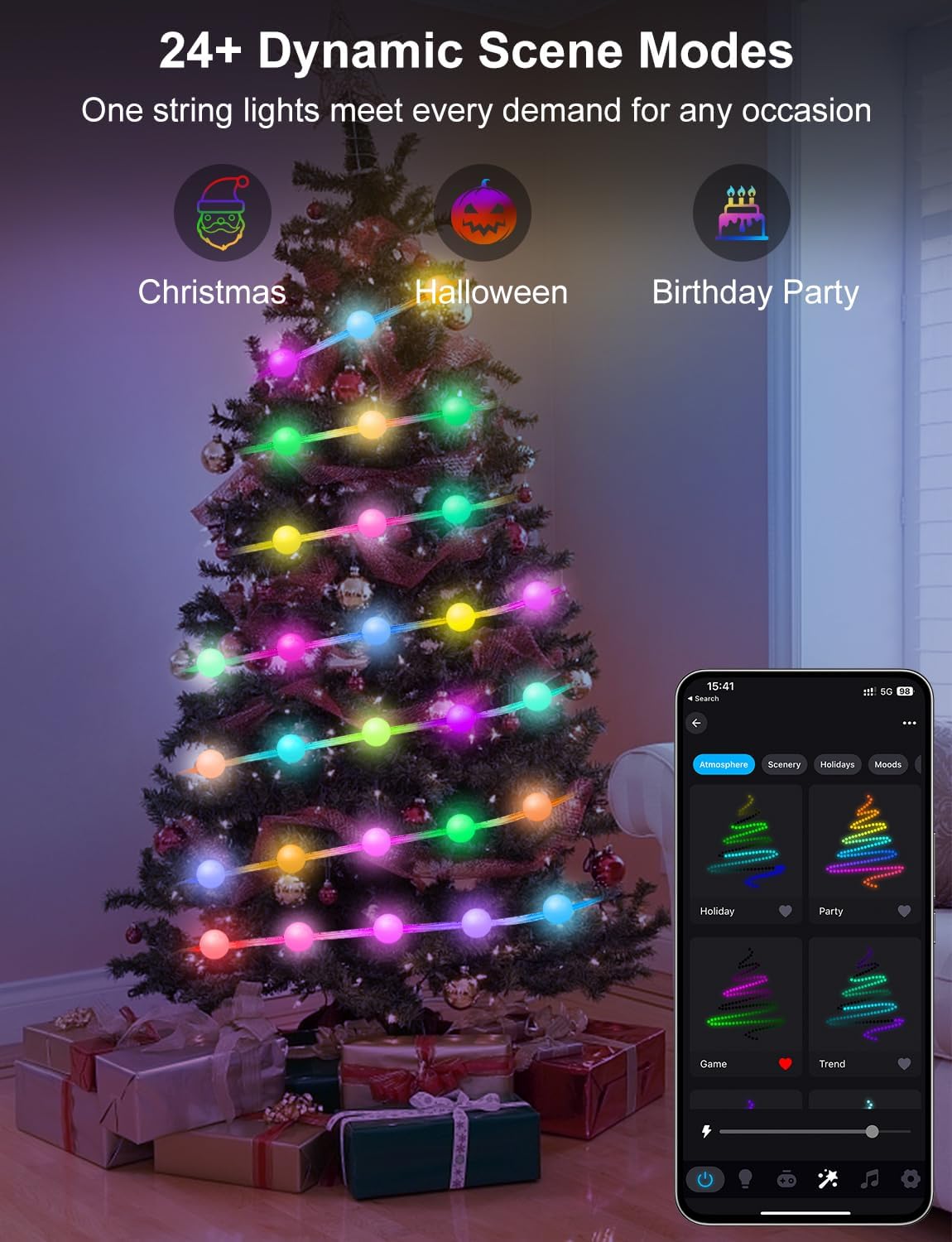 Smart Color Changing Globe String Lights, 33Ft 16 Million Colored Fairy Lights Plug in APP & Remote Control DIY Music Sync Twinkle Light for Bedroom Classroom Christmas Decor Christmas Gift