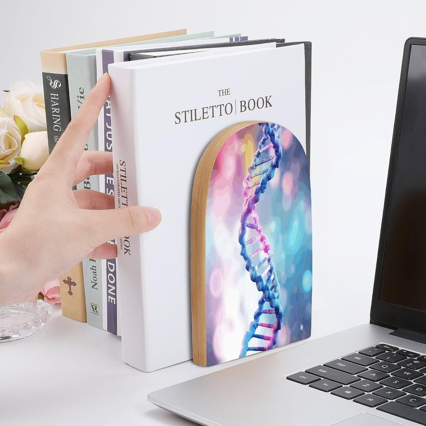 DNA in Bookend for Shelves Wooden Book End Large Size Sturdy Book Holders Stoppers with Metal Base for Bookshelves Slick Decorative Bookends Stands