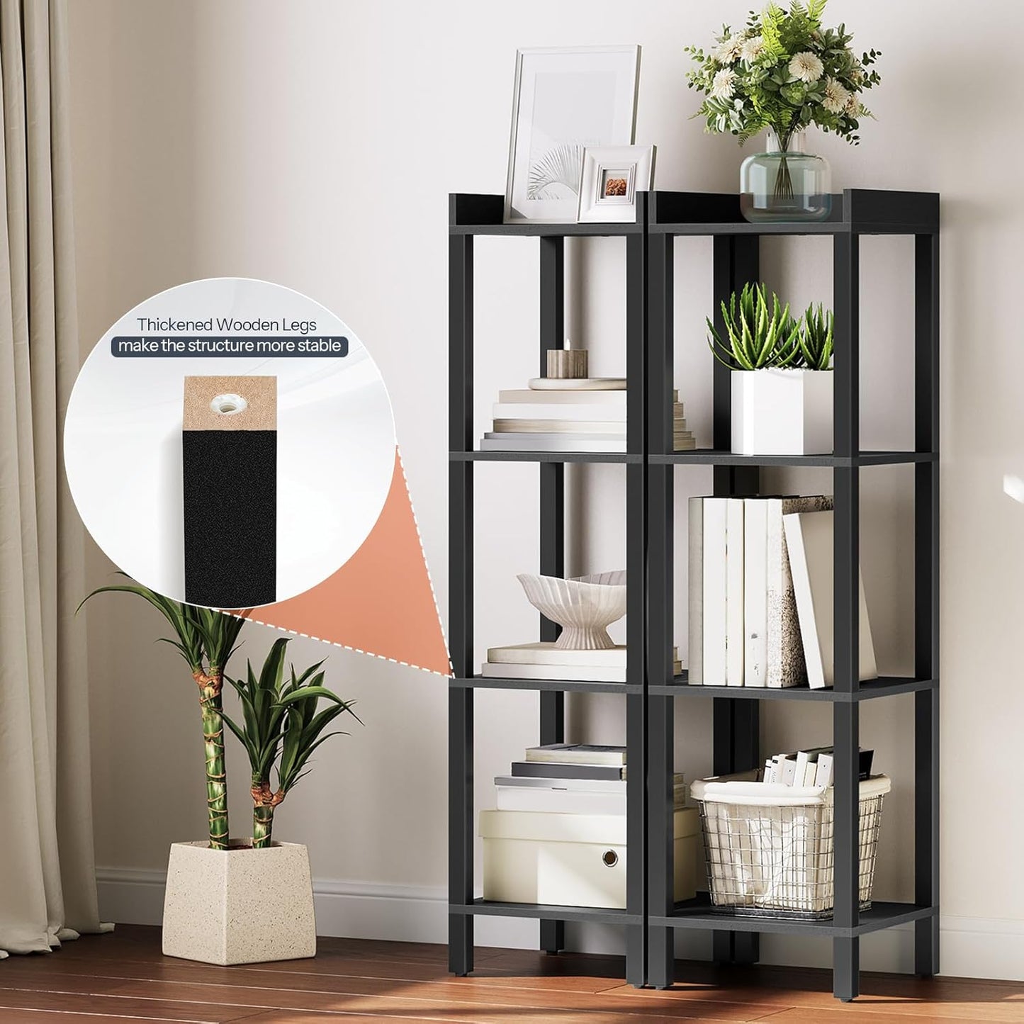 HOOBRO Small Bookcase, Industrial Style Bookshelf for Narrow Spaces, 4-Tier Square Book Shelf Stand, Easy to Install, Wooden Storage Rack Display Shelf, Corner Shelf for Living Room, Black BK08CJ01