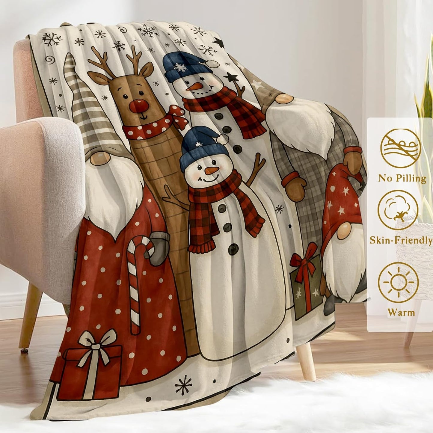 Christmas Decorative Blanket, Gnome Reindeer Snowman Snowflake Print Throw Decoration, Soft Flannel Winter Blankets for Couch Bed Sofa, Holiday Home Decor, Xmas Festival Gifts 50x60 Inch