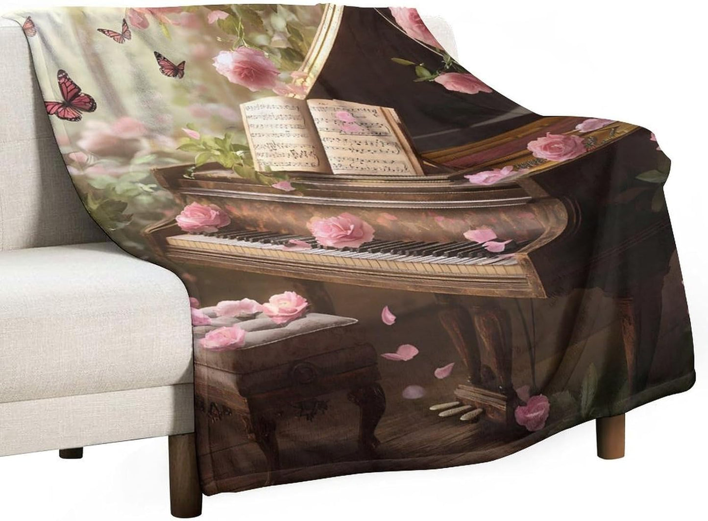Piano Floral Gothic Flower Throw Blanket for Couch Bed Plush Cozy Fuzzy Flannel Blanket for All Season 55"x70"
