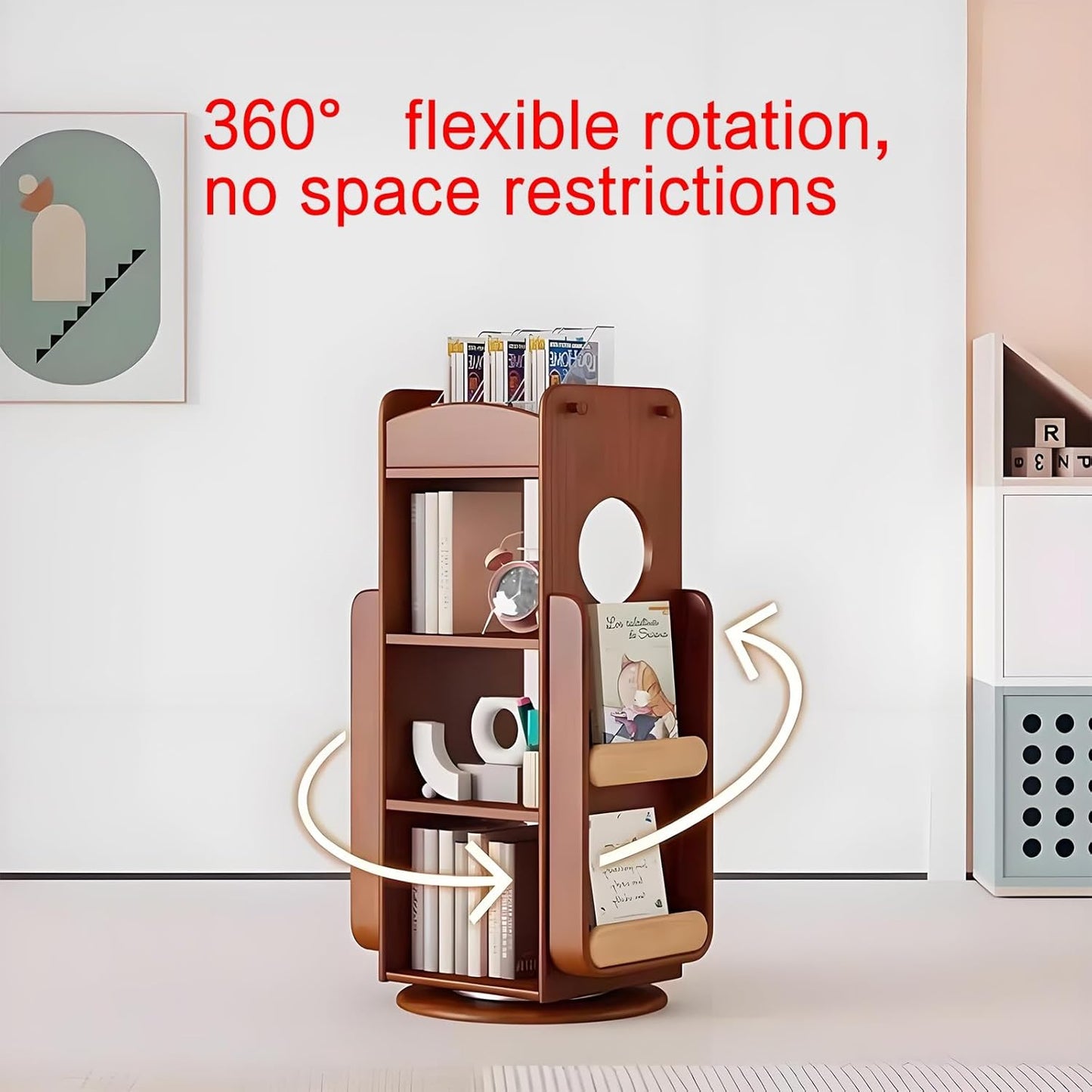 Rotating bookshelf,rotating bookshelf tower,spinning bookshelf,rotating book shelf,unique bookshelf,horizontal bookshelf,shelf,Suitable for living room, study, bedroom, office, balcony(Primary color,4