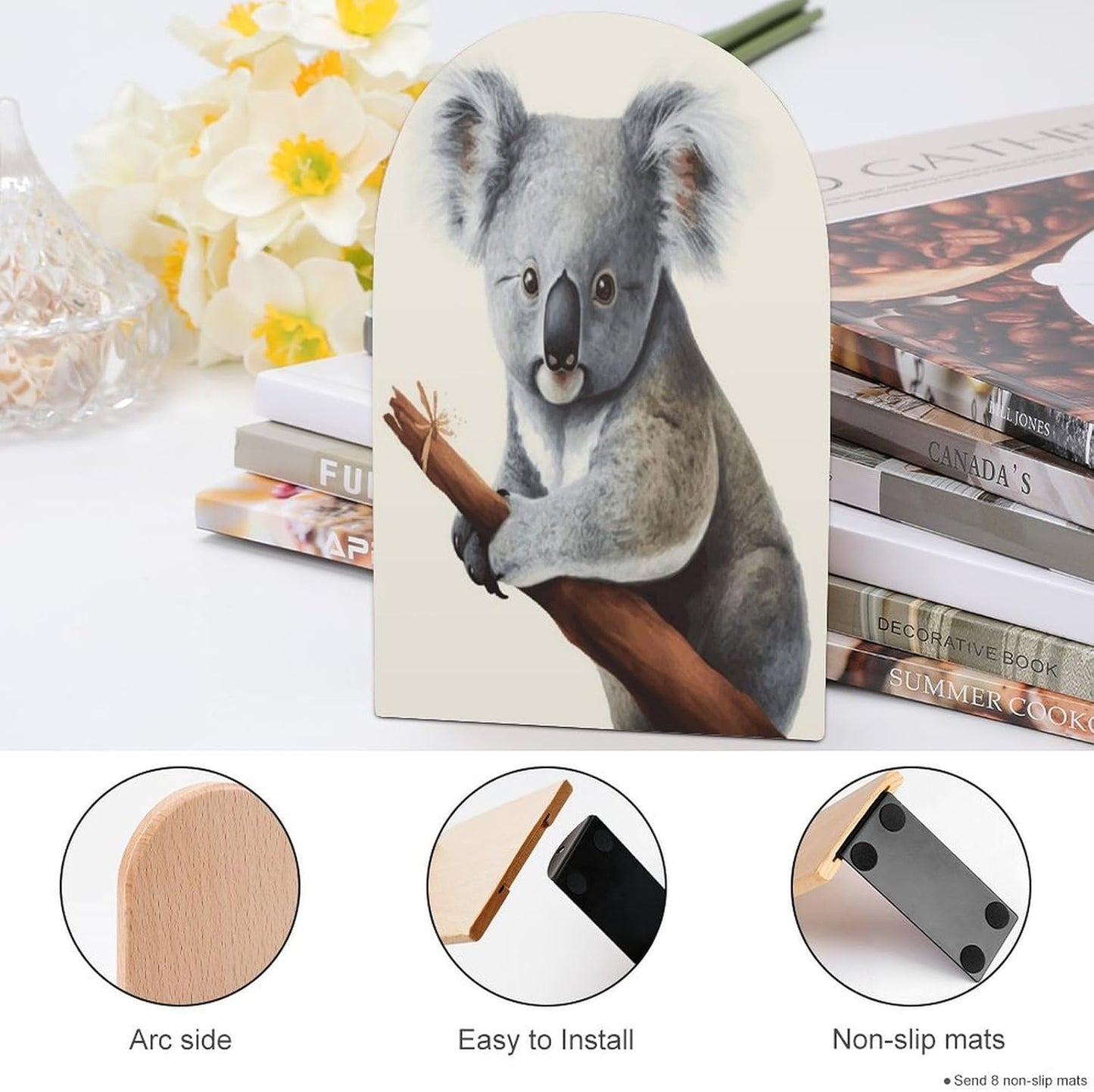 Koala and Butterfly Bookend for Shelves Wooden Book End Large Size Sturdy Book Holders Stoppers with Metal Base for Bookshelves Slick Decorative Bookends Stands